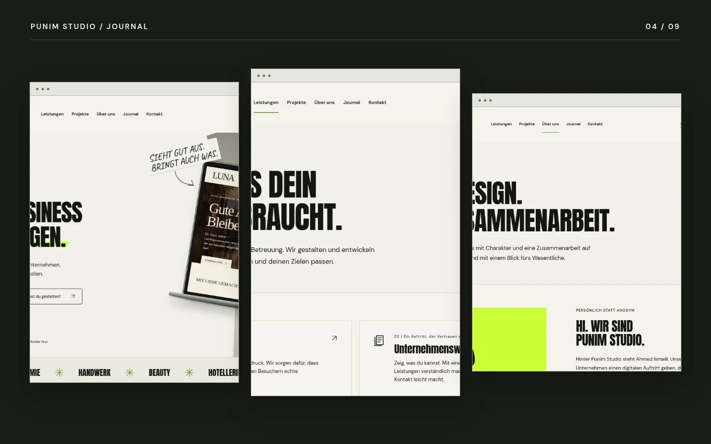 Drei tatsächliche Seiten der Punim-Studio-Website in einer Layout-Präsentation