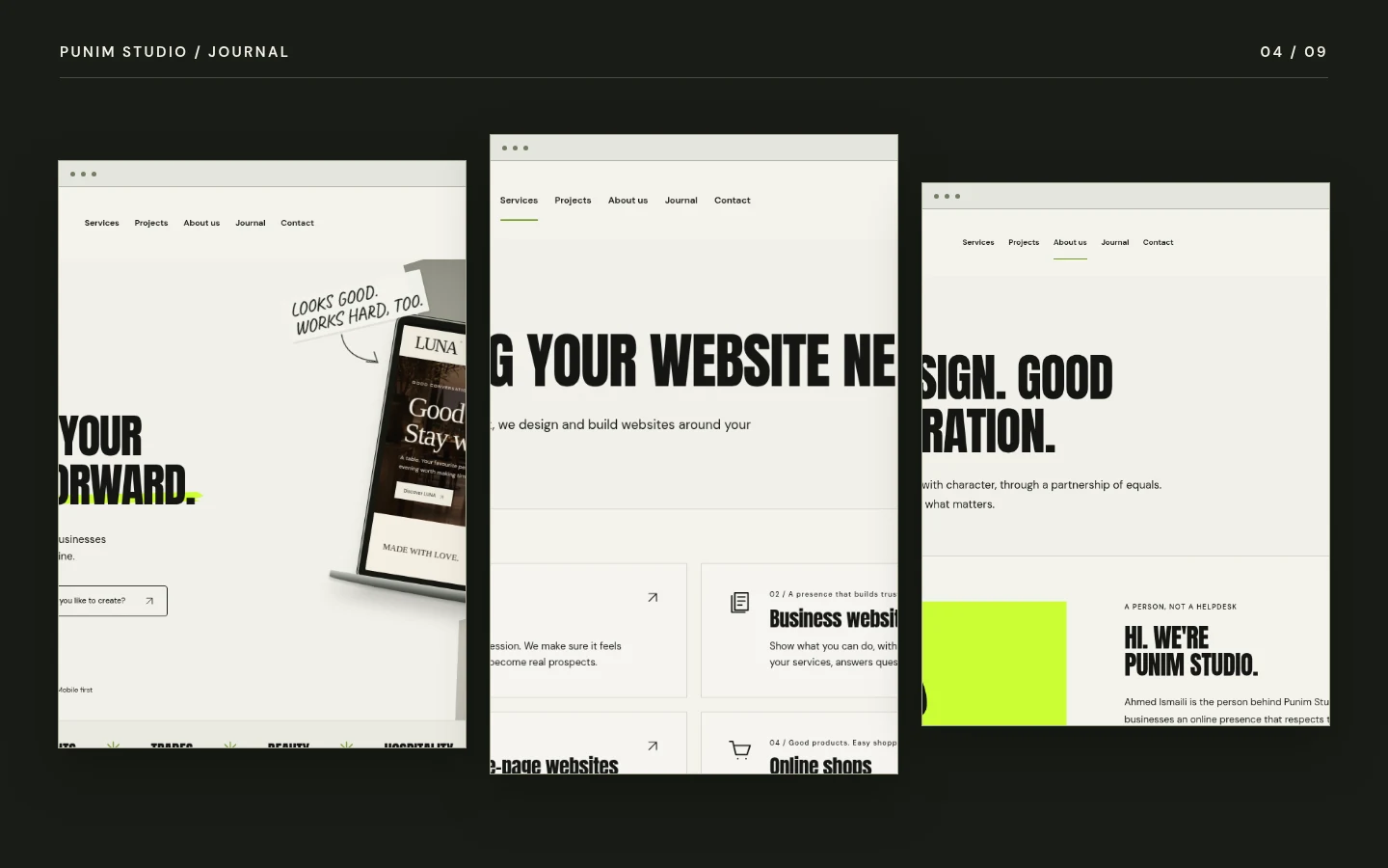 Three actual Punim Studio pages in a layout presentation
