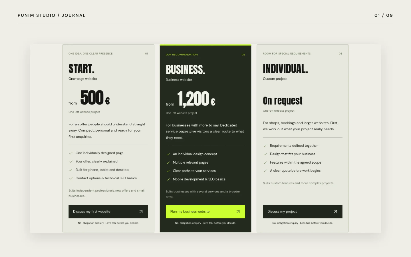 Package overview from the actual Punim Studio website