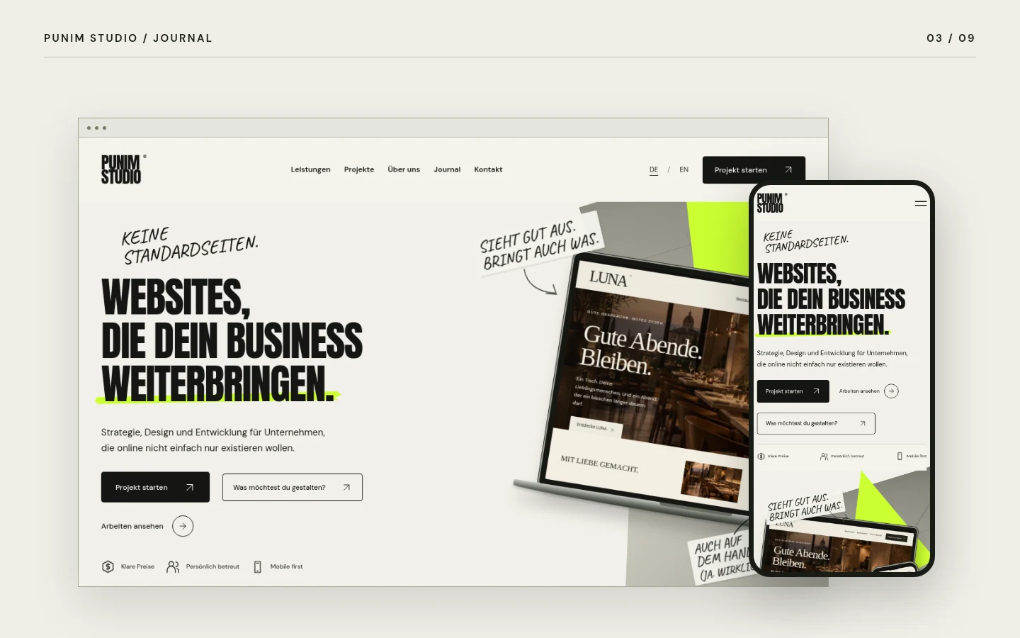 Tatsächliche Punim-Studio-Website auf Desktop und Smartphone
